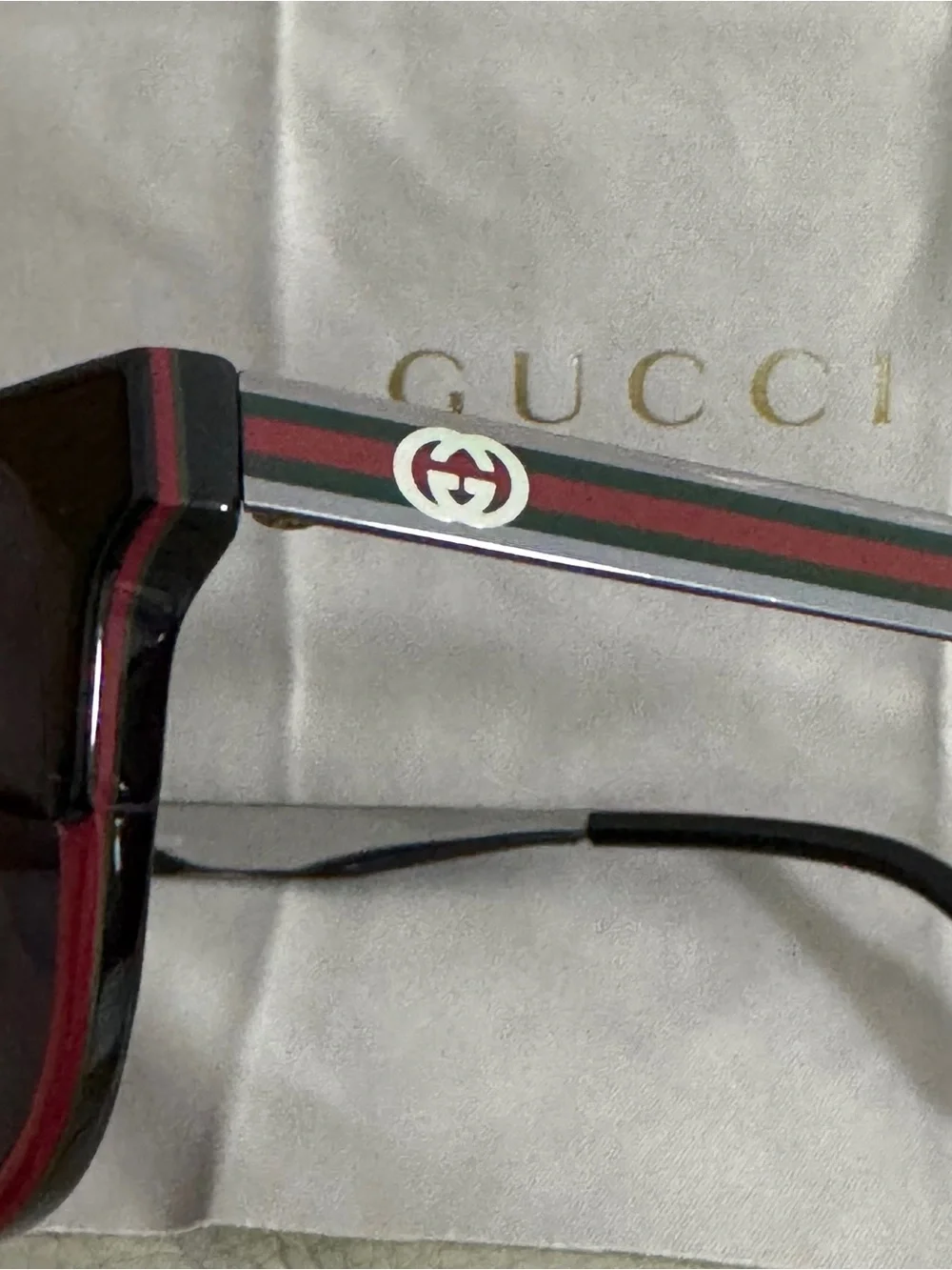 Gucci Black Sunglasses with Red Trim Rectangular Frames